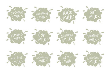Rice, chia seed, peanut, macadamia, oat, hemp, cashew, walnut, soy, almond, hazelnut milk. Milk for vegetarians. Lactose-free milk. Alternative to dairy products. Packaging badge design element set