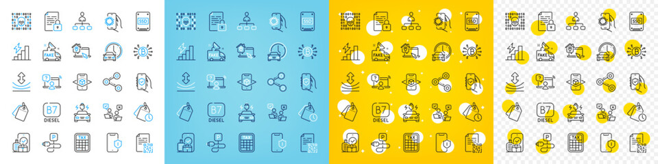 Vector icons set of Share, Online question and Management line icons pack for web with Ssd, Bitcoin system, Car charging outline icon. Binary code, Book car, Qr code pictogram. Vector