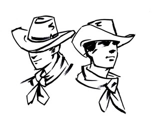 cowboy with hat pen drawing for card illustration tattoo