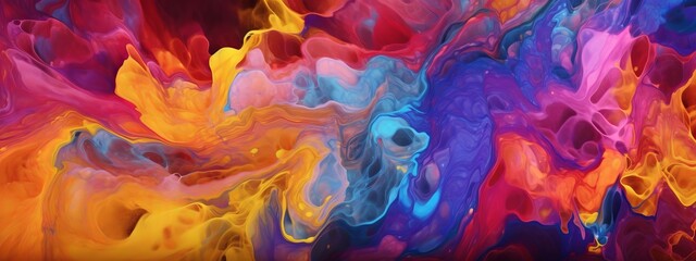 Fototapeta na wymiar A mesmerizing image of swirling liquid in vibrant colors, reminiscent of paint or ink, creating a captivating and abstract visual experience. Web banner backdrop. Generative Ai