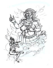 illustration of human and devil pencil drawing for card illustration decoration