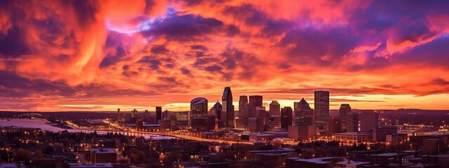 A stunning silhouette of a city skyline against a breathtaking sunset sky, showcasing the vibrant colors and urban energy. Web banner backdrop. Generative Ai