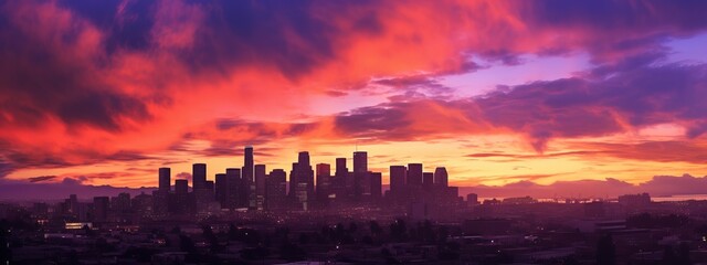 A stunning silhouette of a city skyline against a breathtaking sunset sky, showcasing the vibrant colors and urban energy. Web banner backdrop. Generative Ai