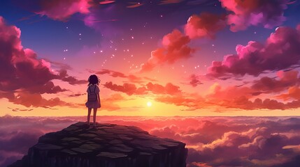 Fototapeta premium Silhouette of a person on the top of the mountain - Awe-Inspiring sunset: 3D illustration of an anime girl amidst nature's beauty, wallpaper, Generative AI