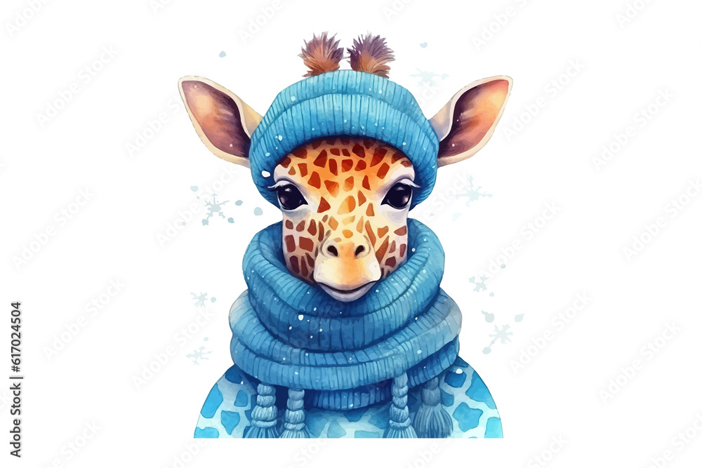 Sticker Cute giraffe in a blue knitted sweater . Flat vector illustration isolated on white background