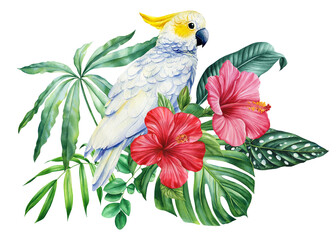Beautiful tropical bird. Cockatoo parrot, flowers and leaf in isolated background. Watercolor illustration hand drawing