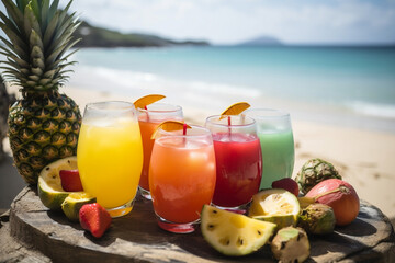 A set of fruity cocktails served at a beach picnic, with the clear blue sea in the background. Ideal for illustrating carefree summer days, outdoor leisure, and beachside relaxation.