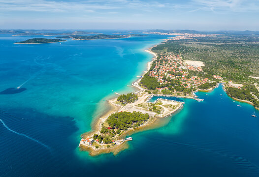 Aerial view of the fortress of St. Nicholas and the many islands in the waters of the picturesque town of Shibenik on the Adriatic coast of Croatia.