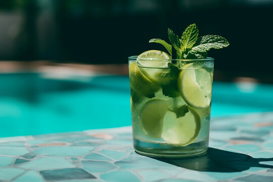 A close up of a chilled mojito cocktail with fresh mint and lime, set on a sunny poolside. The image encapsulates the spirit of summer relaxation and refreshing drinks.