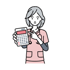 a nurse woman recommending, proposing, showing estimates and pointing a calculator with a smile