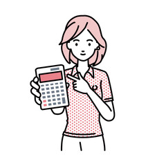 a woman in polo shirt recommending, proposing, showing estimates and pointing a calculator with a smile