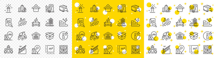 Outline Petrol station, Car charging and Search package line icons pack for web with Send box, Fuel price, Inspect line icon. Open box, Power info, Square meter pictogram icon. Vector