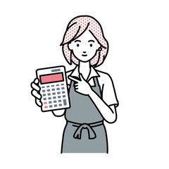 a woman in cafe apron recommending, proposing, showing estimates and pointing a calculator with a smile