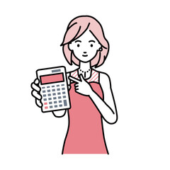 a woman in dress recommending, proposing, showing estimates and pointing a calculator with a smile