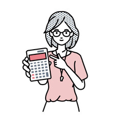 a woman teacher recommending, proposing, showing estimates and pointing a calculator with a smile