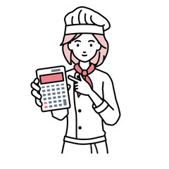 a woman cook recommending, proposing, showing estimates and pointing a calculator with a smile