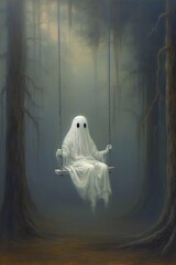 A ghost in a dark forest rides on a swing