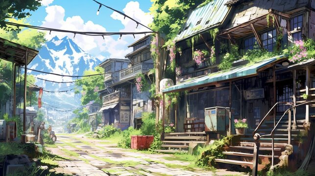 anime style town wallpaper concept - mountain village in the morning - enchanting anime-style illustration: abandoned towns awakened by nature's grace - old street in the city, Generative AI