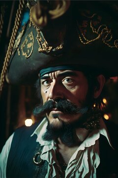 natural 35mm F4 full head photo of a 30 year old mexican pirate captain with a pirate hat and pirate clothing he is on the deck of his ship at night with film grain and noise added in post 