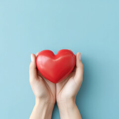 Red heart in man's hands isolated on blue background. Healthcare and hospital medical concept. Symbolic of Valentine day.Top view with space for text.Generative AI