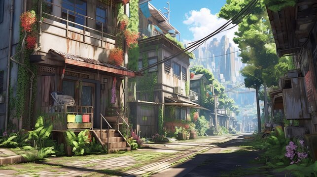 anime-style abandoned town illustration: serene daytime scenes with overgrown streets, wildflowers, old anime town wallpaper concept, Generative AI