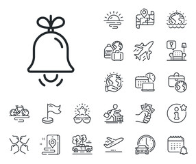 New year tree decoration sign. Plane jet, travel map and baggage claim outline icons. Christmas bell line icon. Bell line sign. Car rental, taxi transport icon. Place location. Airport lounge. Vector