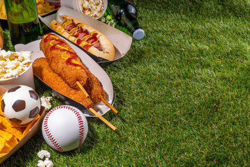 Traditional sport stadium foods and beer background, Set of various baseball, basketball, football...
