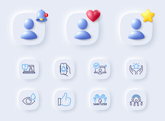 Bell alert, Faq and Hand sanitizer line icons. Placeholder with 3d bell, star, heart. Pack of Inclusion, Like, Eye drops icon. Online access, Ranking pictogram. For web app, printing. Vector