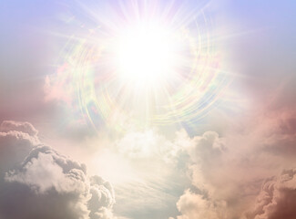 Fototapeta na wymiar Glorious Divine Intelligence Vortexing Starlight Sky - a massive high altitude spiraling star sun burst above golden yellow moody cloudscape with copy space for healing spiritual messages 