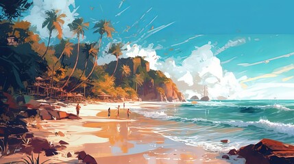 a wonderful beach scene at day with a lot of palms, anime manga style - tropical island in the sea, wallpaper, Generative AI