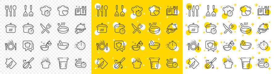 Boiling time, Frying pan and Kitchen utensils. Cooking line icons. Fork, spoon and knife line icons. Recipe book, chef hat and cutting board. Cooking book, frying time, hot pan. Vector