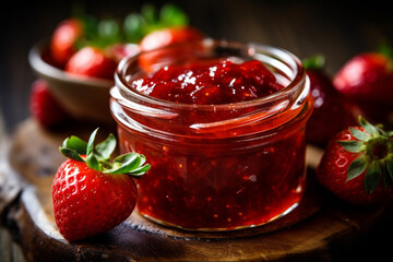 strawberry jam in a jar - obrazy, fototapety, plakaty