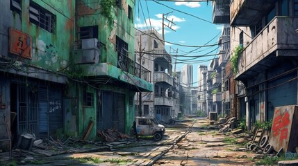 Fototapeta na wymiar enchanting anime-style abandoned towns: serene daytime scenes with wildflowers, moss-covered buildings, and sunlit mysteries, wallpaper, old abandoned building concept, Generative AI