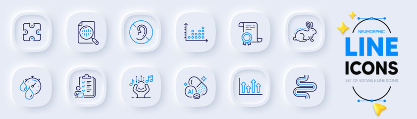 Certificate, Upper arrows and Checklist line icons for web app. Pack of Intestine, Noise, Puzzle pictogram icons. Timer, Analytics chart, No hearing signs. Aluminium mineral, Dot plot. Vector