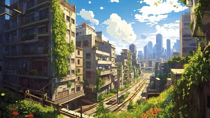 View from the top of the city - Nature's embrace: enchanting anime-style illustration of an abandoned city in summer, wallpaper, Generative AI