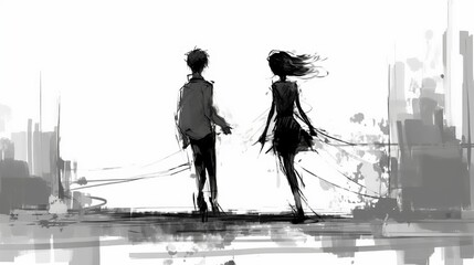 silhouette of a couple , transcending boundaries: discover the essence of raw emotion in an anime sketch, wallpaper, Generative AI