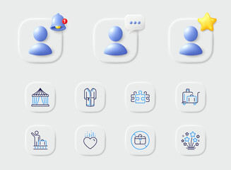 Puzzle, Bathrobe and No handbag line icons. Placeholder with 3d star, reminder bell, chat. Pack of Fireworks stars, Heart, Luggage trolley icon. Luggage belt, Circus tent pictogram. Vector
