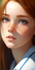 Adorable ginger youg girl with blue eyes portrait artfreckles, natural skin, white tshirt,  natural skin , cute girl, norman , Ai generated