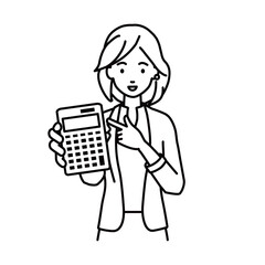 a woman in work jacket style recommending, proposing, showing estimates and pointing a calculator with a smile
