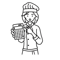 a woman cook recommending, proposing, showing estimates and pointing a calculator with a smile