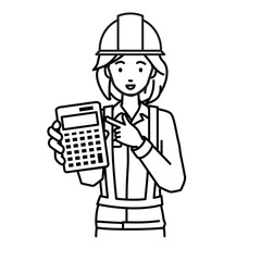 a woman working at construction sites recommending, proposing, showing estimates and pointing a calculator with a smile
