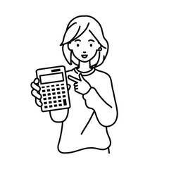 a woman in casual style recommending, proposing, showing and pointing a calculator with a smile