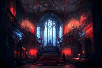 Cinematic castle interior visual novel background environment illustration anime dark gothic moody red black gorgeous 
