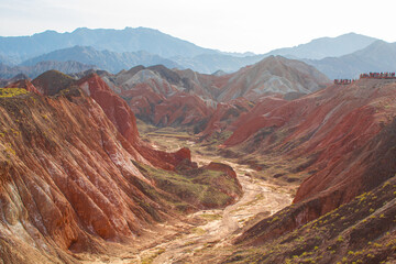 Panoramic aerial view of huge canyon in Colorful mountains at Zhangye