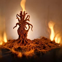 Foto op Plexiglas A groot clay silhouette that is on fire Tentacular flaming root structure High contrast and high resolution Wooden texture  © Truman