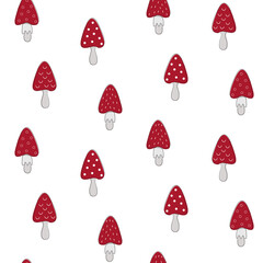 Trendy line art set with red mushroom seamless pattern on white background for fabric design. Modern botanical geometric pattern. Modern backdrop. Abstract white background.