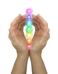Female Reiki Healer hands palm sides facing inwards with seven rainbow coloured chakra stack in between transparent png file