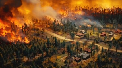 Forest fire engulfed rural houses. Natural disaster. Generative AI.