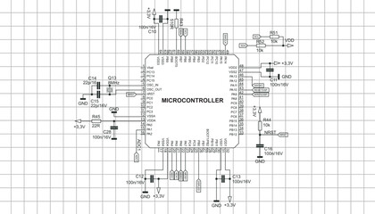 Connection of microcontroller lines to
electronic components (capacitors, resistors,
quartz resonator). Vector diagram of electrical
schematic of electronic device. Processor chip on 
grid background. - obrazy, fototapety, plakaty