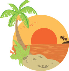 Retro sunsets beach with Palm tree. Abstract background with a sunny gradient. Silhouettes of palm trees.